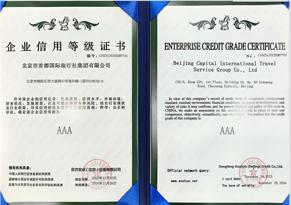 2023年首都国旅集团被评为企业信用等级AAA级证书