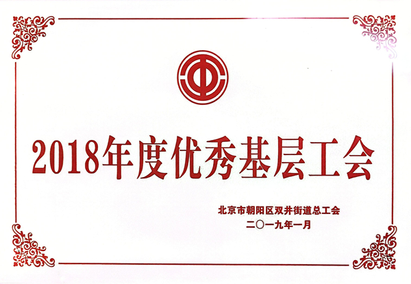 2019年1月北京市朝阳区总工会评选首都国旅工会委员会为“2018年度优秀基层工会组织”